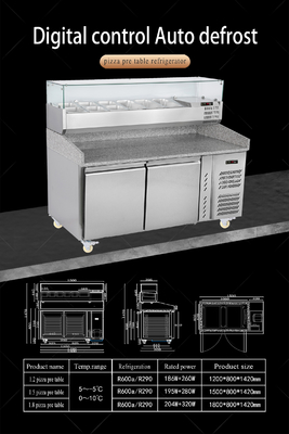 1.8M Salad Meja Kerja 3 Pintu Undercounter Pizza Prep Table Dingin dengan tampilan atas