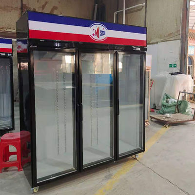 1500L Vertikal Minuman Komersial Kulkas Tiga Pintu Kaca
